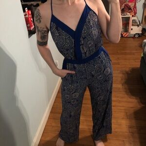 Skies are blue blue paisley jumpsuit with adjustable straps and pockets